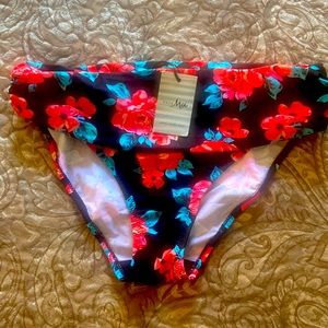 NWT New Pour Moi black/red rose print gold over bikini swim bottoms Sz 12 UK